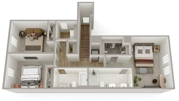 a living room with furniture and a table