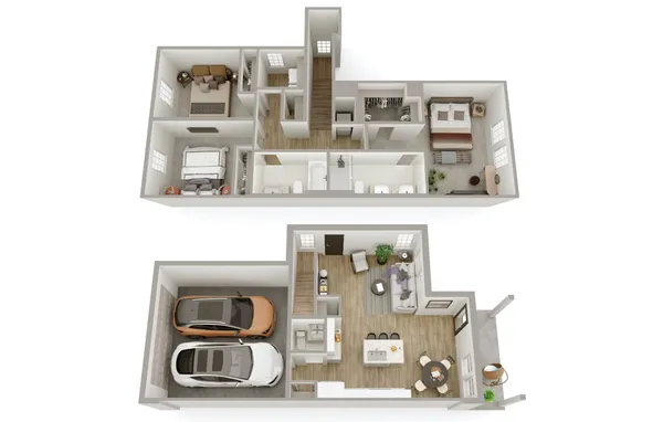 a living room with furniture potted plant and a large window