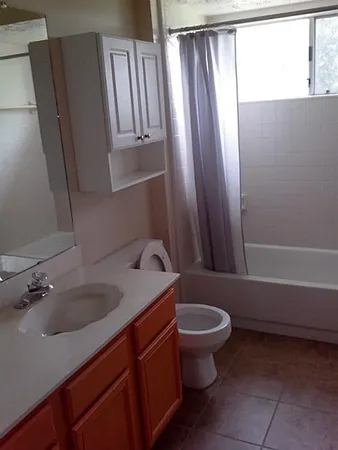 a bathroom with a sink a toilet and tub