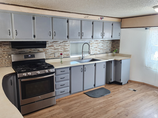 332 Joshua Street Tooele, UT 84074 - Photo 12 of 16 Kitchen featuring wood-finish flooring, light grey cabinetry with black hardware, a stainless steel gas range, and a mosaic tile backsplash