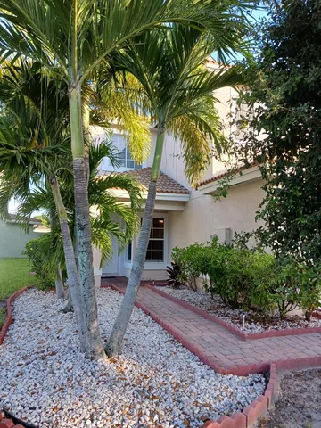 a palm tree sitting in front of a house with a yard