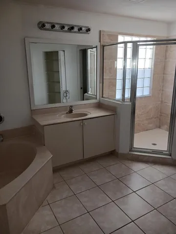 a bathroom with a tub sink and mirror
