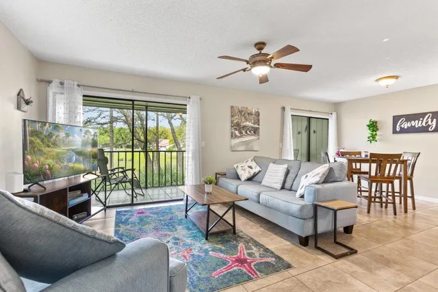 a living room with furniture and a large window