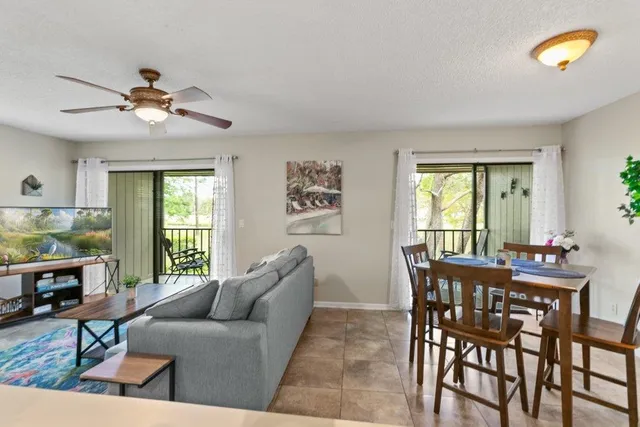 a backyard of a house with plants and large trees