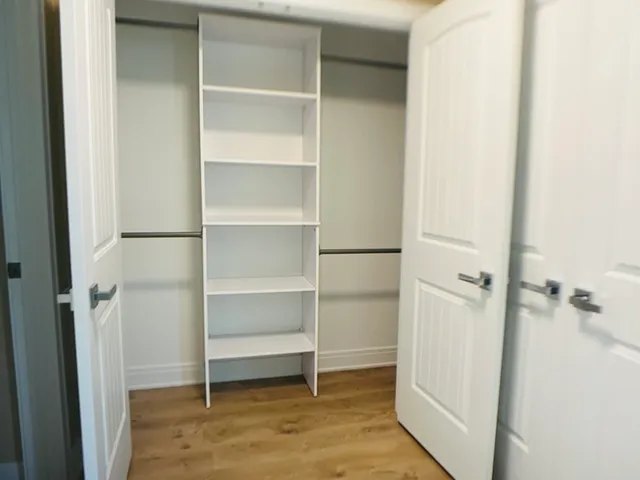 a view of walk in closet with empty racks
