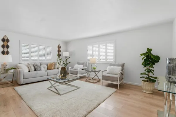 a living room with furniture and a potted plant