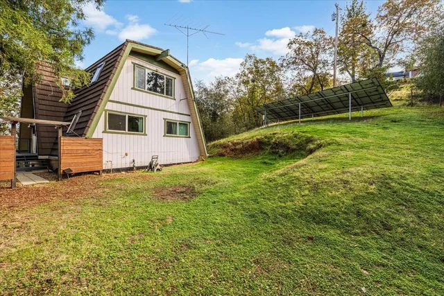 a view of a yard with large trees