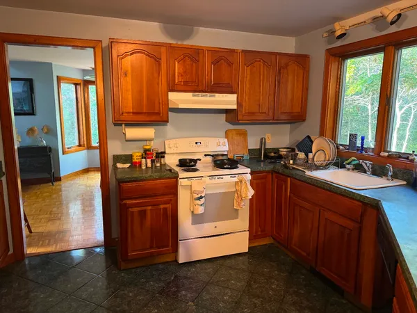 a kitchen with stainless steel appliances granite countertop a stove a sink dishwasher and a microwave oven with cabinets