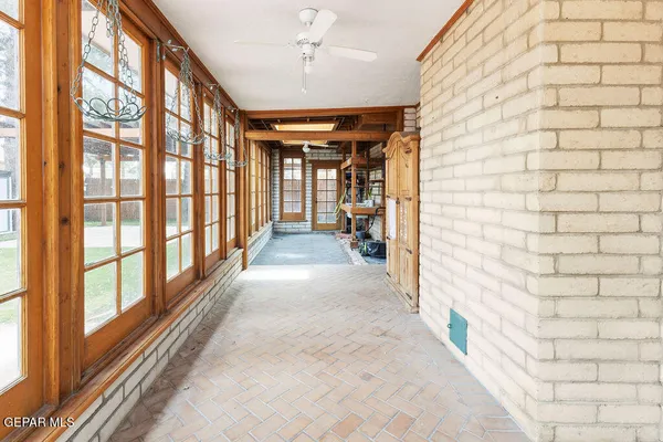 a view of a porch with windows