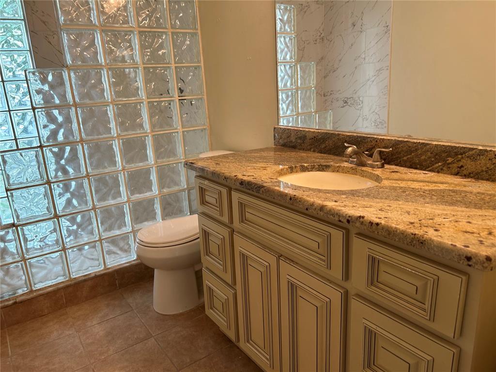 18129 Crawley Road Odessa, FL 33556 - Photo 29 of 38 a bathroom with a granite countertop sink a toilet and a mirror