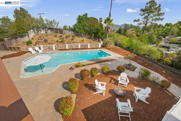 a view of a swimming pool with a yard