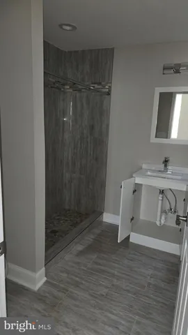 a bathroom with a shower and a sink