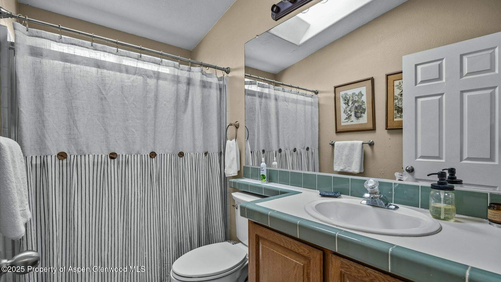 10479 50 Road Mesa, CO 81643 - Photo 29 of 42 a bathroom with a granite countertop sink a toilet a mirror and shower curtain