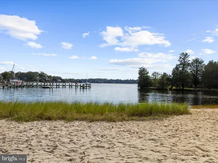a view of a lake with boats and trees in the background