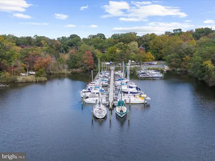an aerial view of a house with a yard and large tree