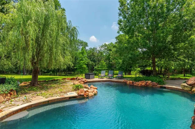 a view of a lake with lawn chairs and a large tree