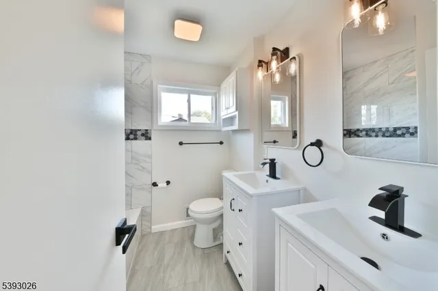 a bathroom with a sink toilet and mirror
