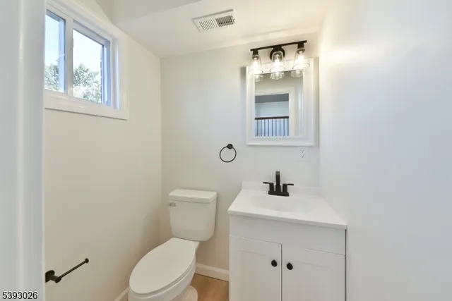 a bathroom with a toilet a sink a mirror and vanity