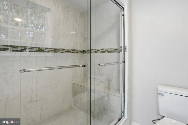 a bathroom with a shower and a toilet