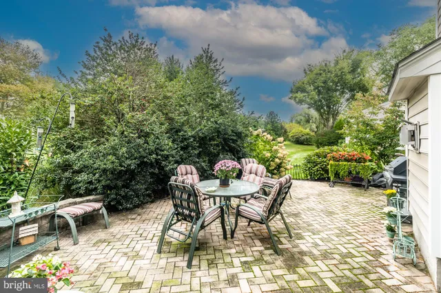 a view of a patio with couches table and chairs under an umbrella with large trees