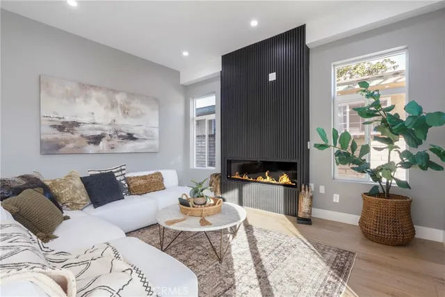 a living room with furniture and a potted plant