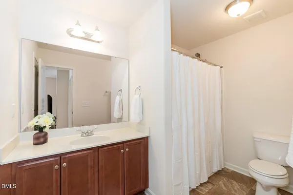 a bathroom with a sink vanity mirror and toilet