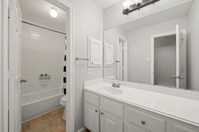 a bathroom with a tub shower sink vanity and a mirror