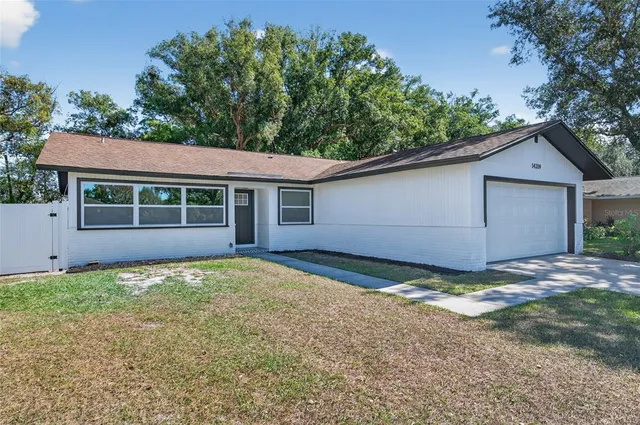 a view of a house with a yard and large tree