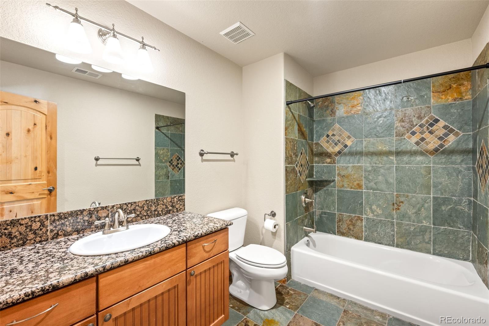 2895 South Cook Street Denver, CO 80210 - Photo 23 of 41 a bathroom with a granite countertop sink toilet and shower