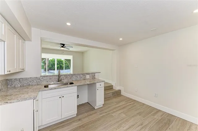 a view of a yard with plants and trees