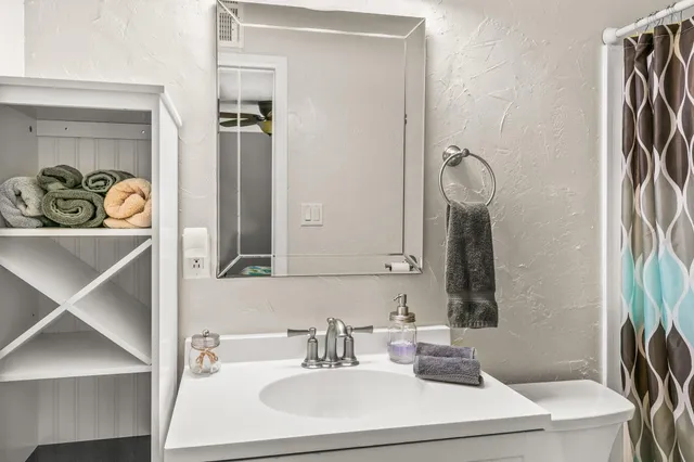 a bathroom with a sink a mirror and a shower