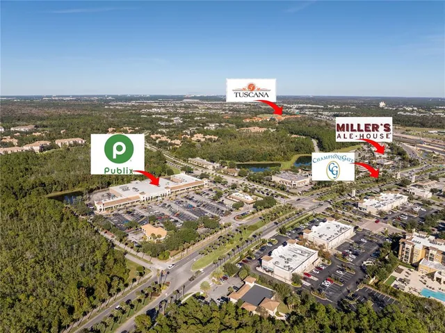 an aerial view of a house with a garden