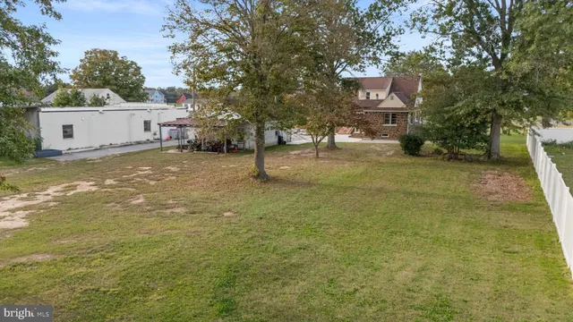 a view of a yard with brick wall and a large tree