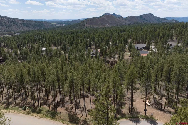 a view of a town with mountains in the background