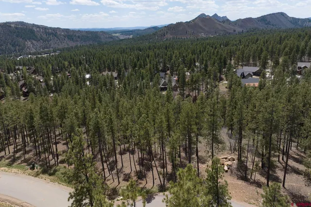 a view of a town with mountains in the background