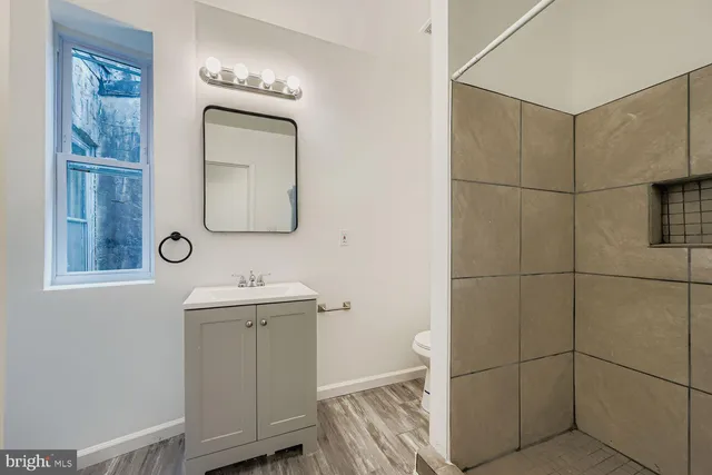 a bathroom with a toilet a sink and mirror