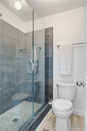 a bathroom with a shower and toilet