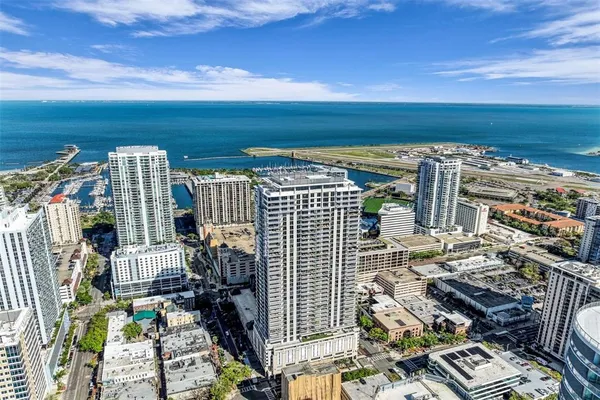 a view of a city with tall buildings