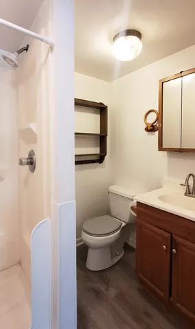 a bathroom with a toilet a sink and mirror