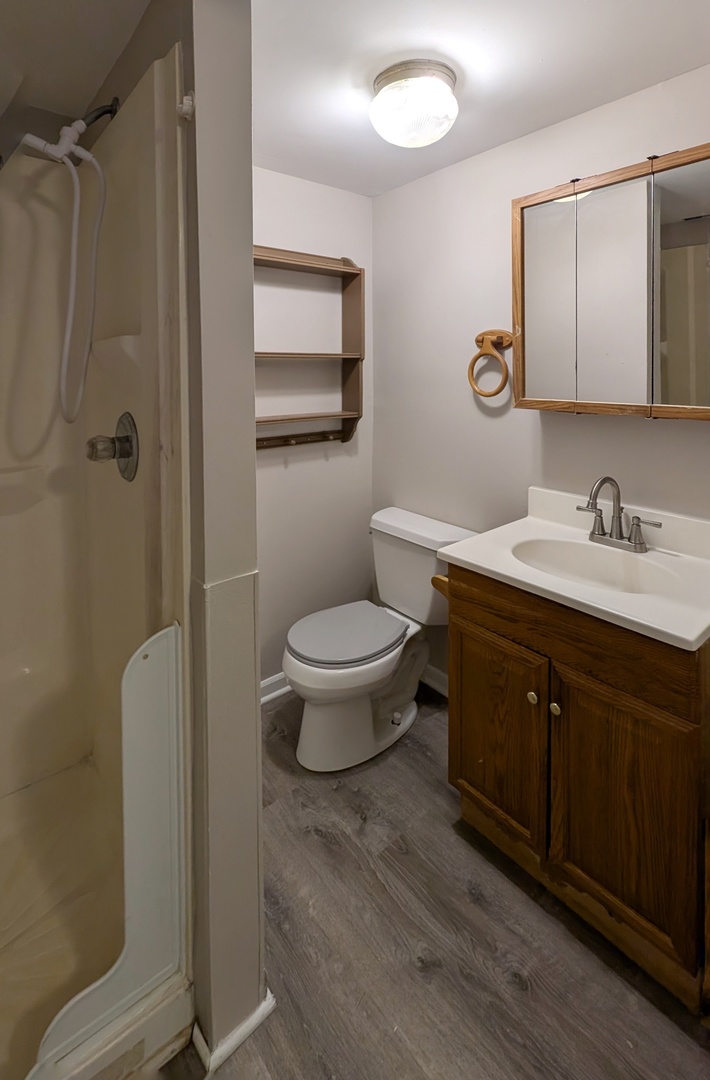 414 Oneida Street, Unit 1UPPER Joliet, IL 60435 - Photo 7 of 9 a bathroom with a double vanity sink toilet and shower