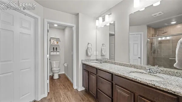 a bathroom with a granite countertop sink a toilet and shower
