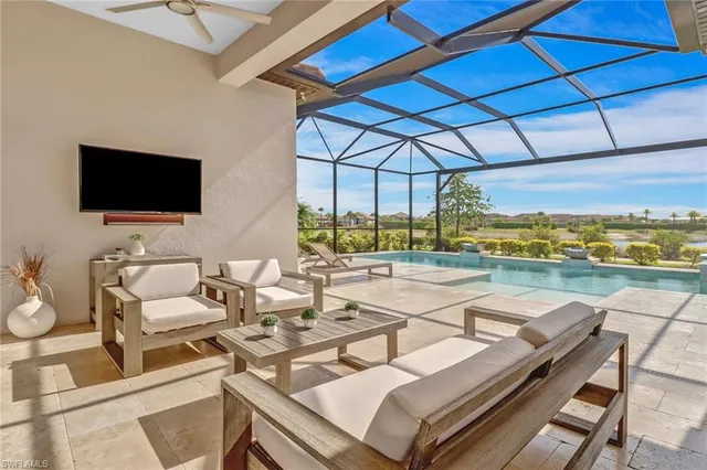 a view of a patio with swimming pool