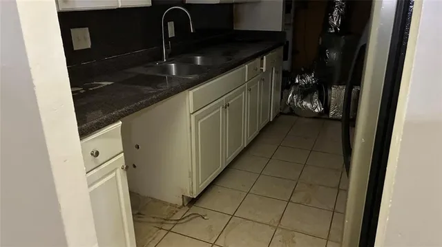 a kitchen with a sink and cabinets