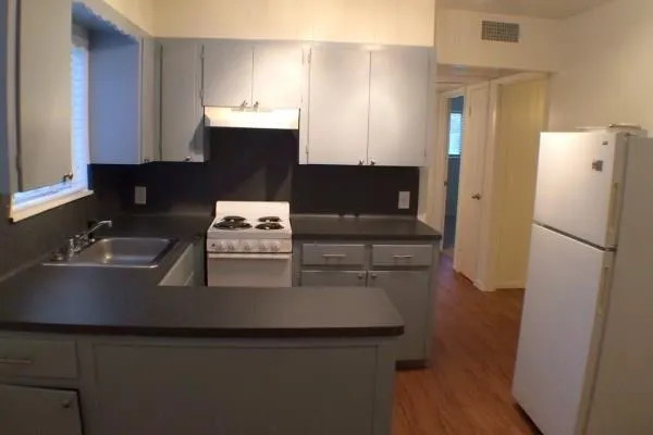 a kitchen with a sink appliances and cabinets
