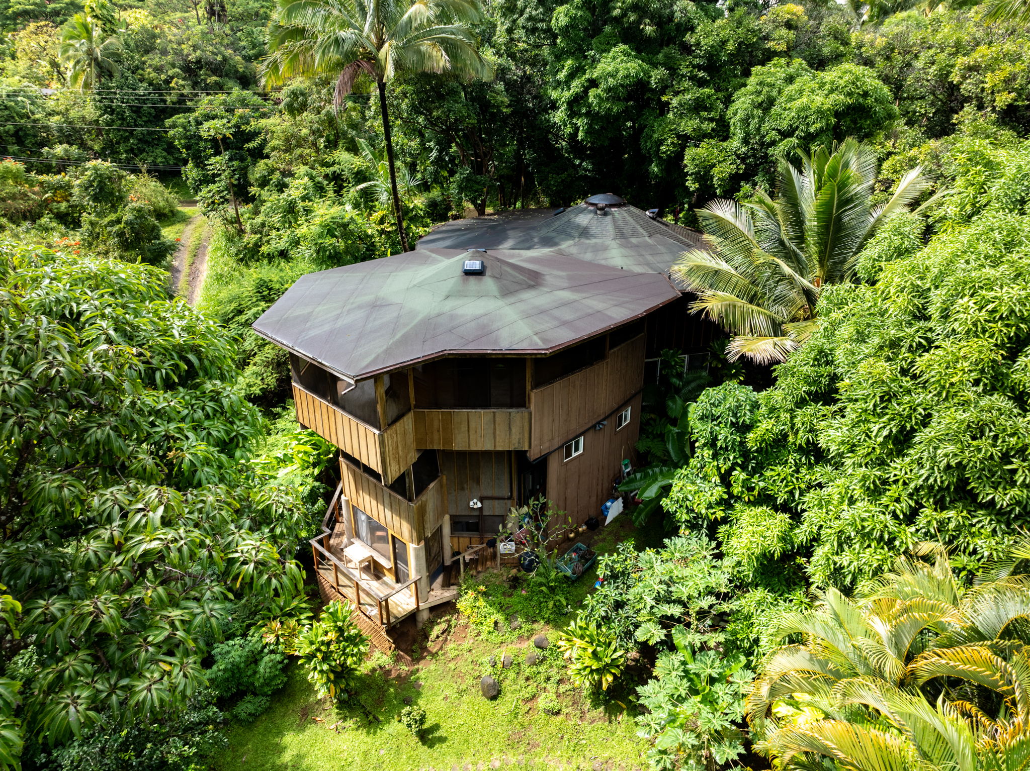 5051 Wainiha Powerhouse Road Hanalei, HI 96714 - Photo 16 of 28 front view of a house with a yard and large trees