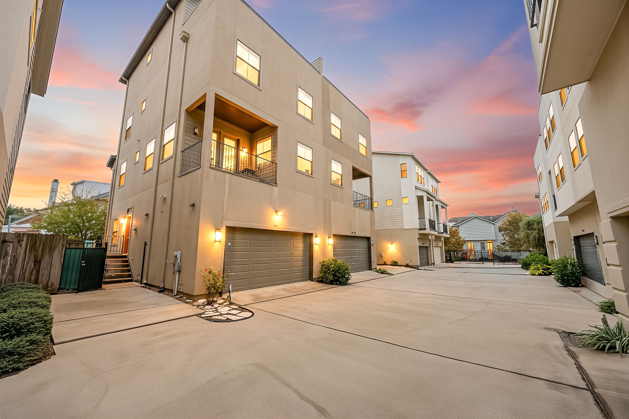 a view of a building with a street