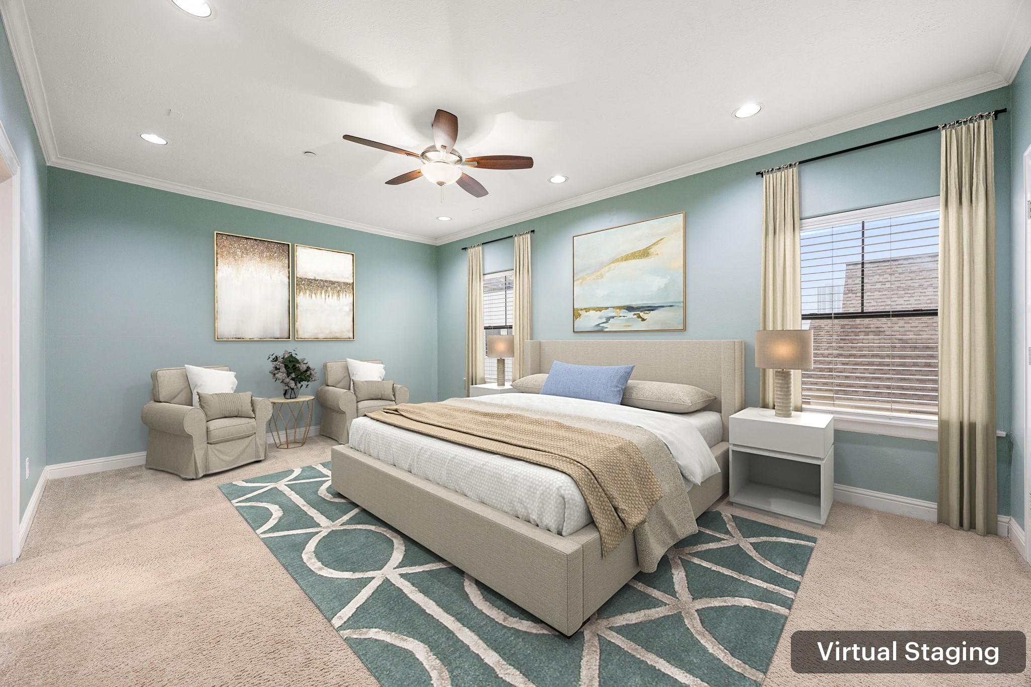 2611 Riverside Drive, Unit D Houston, TX 77004 - Photo 20 of 50 a spacious bedroom with a large bed a chandelier and windows