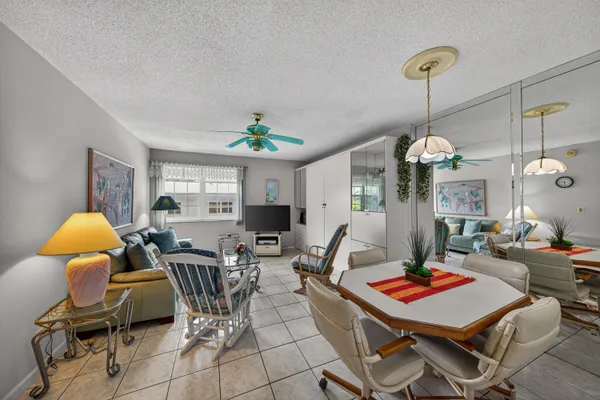a view of a dining room with furniture