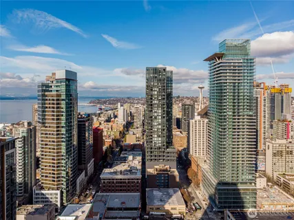 a city view with tall buildings
