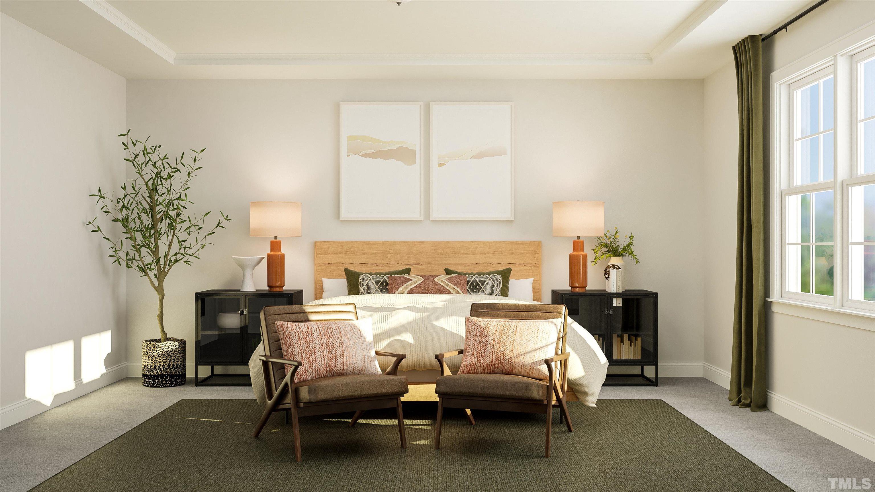 109 Calvander Lane Apex, NC 27539 - Photo 27 of 36 a bedroom with furniture and a chandelier